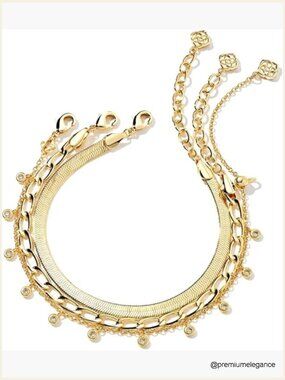 Set of 3 Chain Bracelets - Gold Link Stack - Herringbone Paperclip Crystal Charm